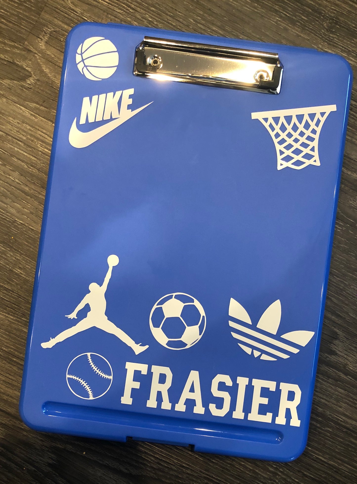 Clip board with storage and name